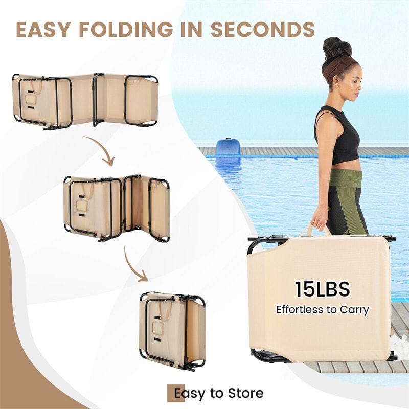 Folding Beach Chaise Lounge Chair, 5-Position Adjustable Sunbathing Recliner with Face Hole, Removable Pillows, Carry Strap, 350LB Support