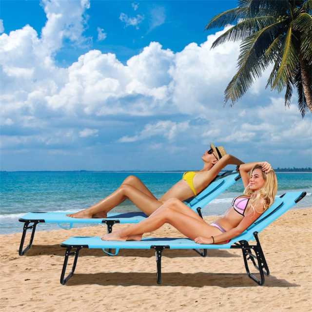 Folding Beach Chaise Lounge Chair, 5-Position Adjustable Sunbathing Recliner with Face Hole, Removable Pillows, Carry Strap, 350LB Support