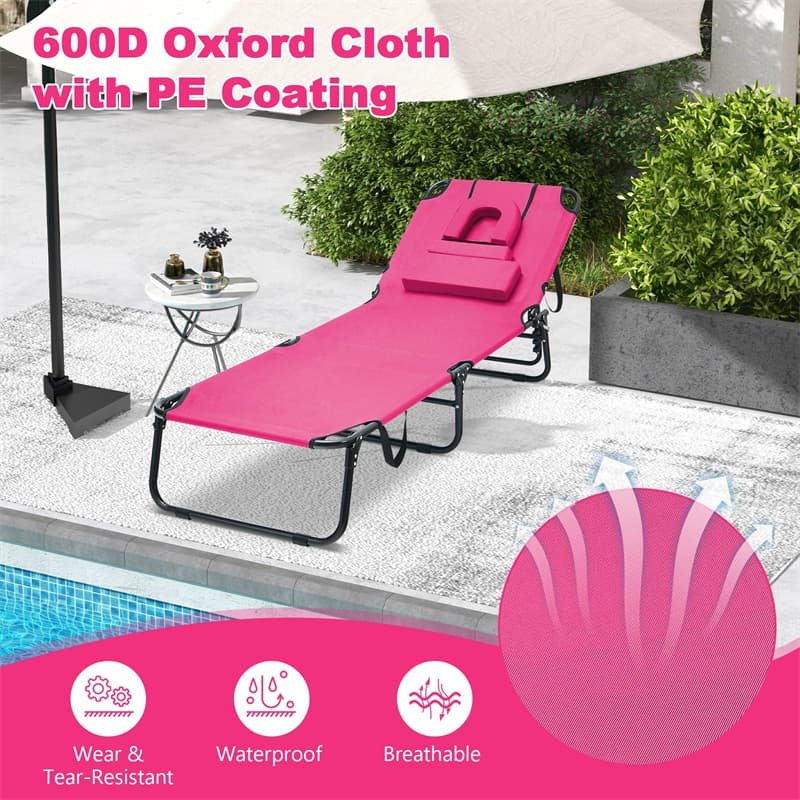 Folding Beach Chaise Lounge Chair, 5-Position Adjustable Sunbathing Recliner with Face Hole, Removable Pillows, Carry Strap, 350LB Support