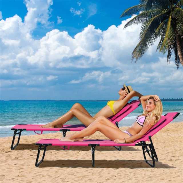 Folding Beach Chaise Lounge Chair, 5-Position Adjustable Sunbathing Recliner with Face Hole, Removable Pillows, Carry Strap, 350LB Support