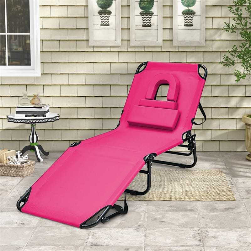 Folding Beach Chaise Lounge Chair, 5-Position Adjustable Sunbathing Recliner with Face Hole, Removable Pillows, Carry Strap, 350LB Support