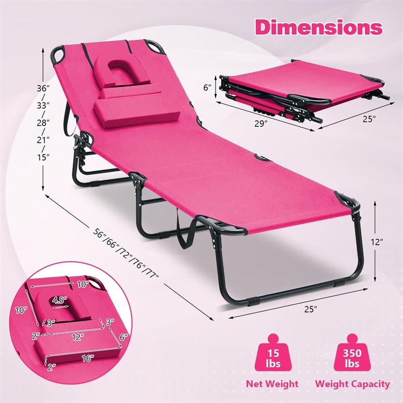 Folding Beach Chaise Lounge Chair, 5-Position Adjustable Sunbathing Recliner with Face Hole, Removable Pillows, Carry Strap, 350LB Support