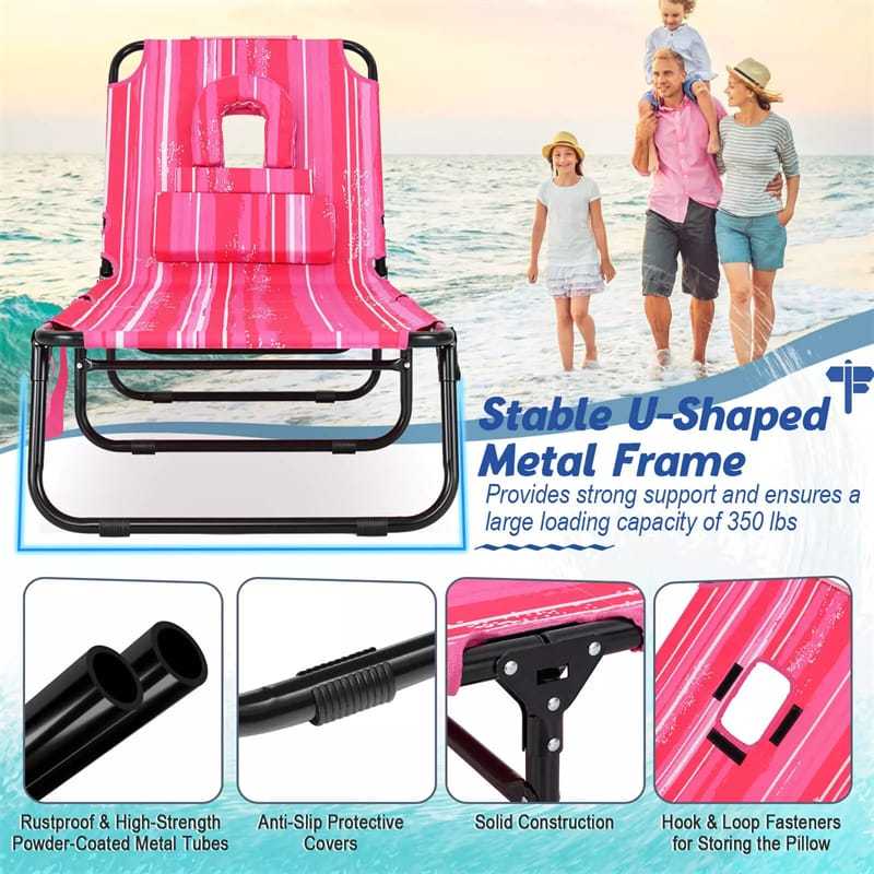 Folding Beach Chaise Lounge Chair, 5-Position Adjustable Sunbathing Recliner with Face Hole, Removable Pillows, Carry Strap, 350LB Support