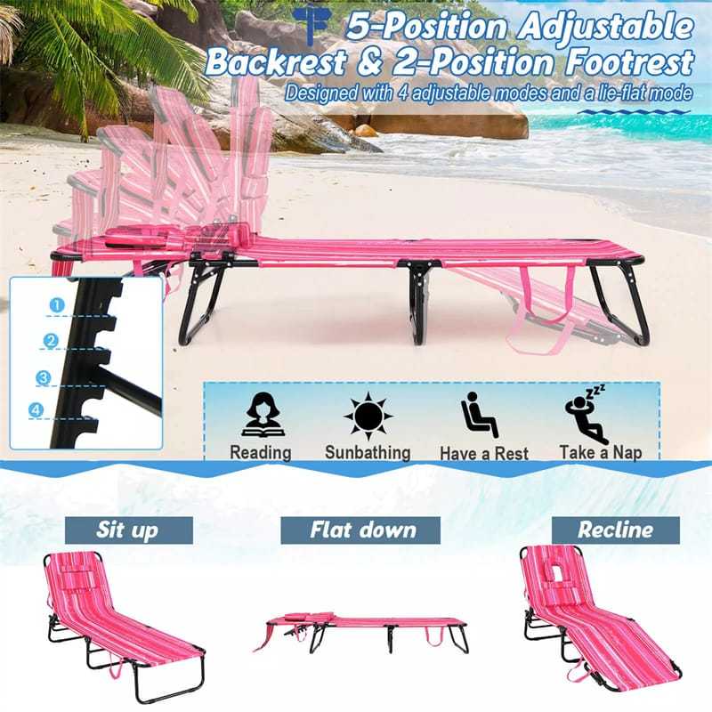 Folding Beach Chaise Lounge Chair, 5-Position Adjustable Sunbathing Recliner with Face Hole, Removable Pillows, Carry Strap, 350LB Support