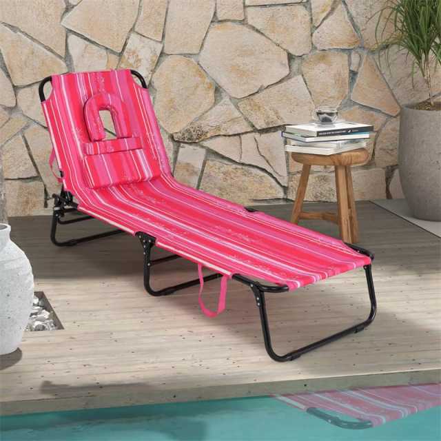 Folding Beach Chaise Lounge Chair, 5-Position Adjustable Sunbathing Recliner with Face Hole, Removable Pillows, Carry Strap, 350LB Support