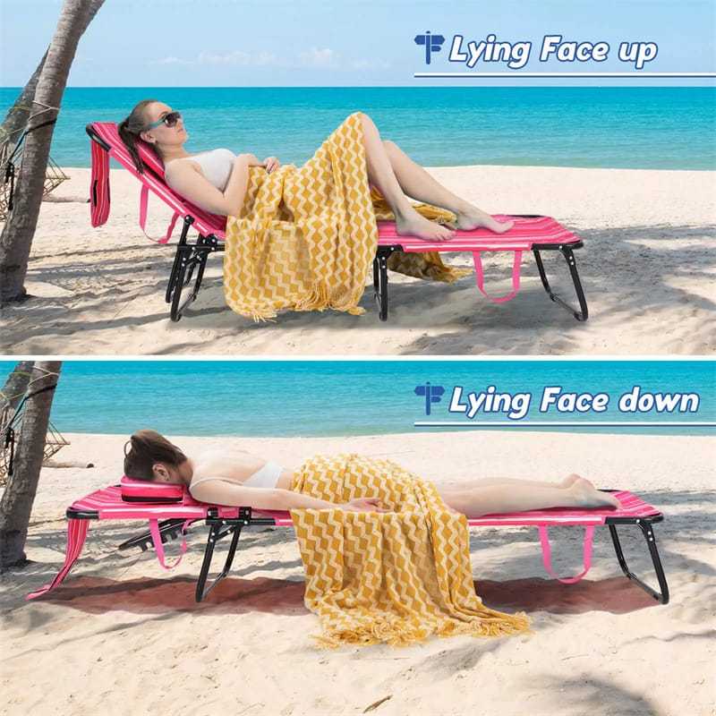 Folding Beach Chaise Lounge Chair, 5-Position Adjustable Sunbathing Recliner with Face Hole, Removable Pillows, Carry Strap, 350LB Support