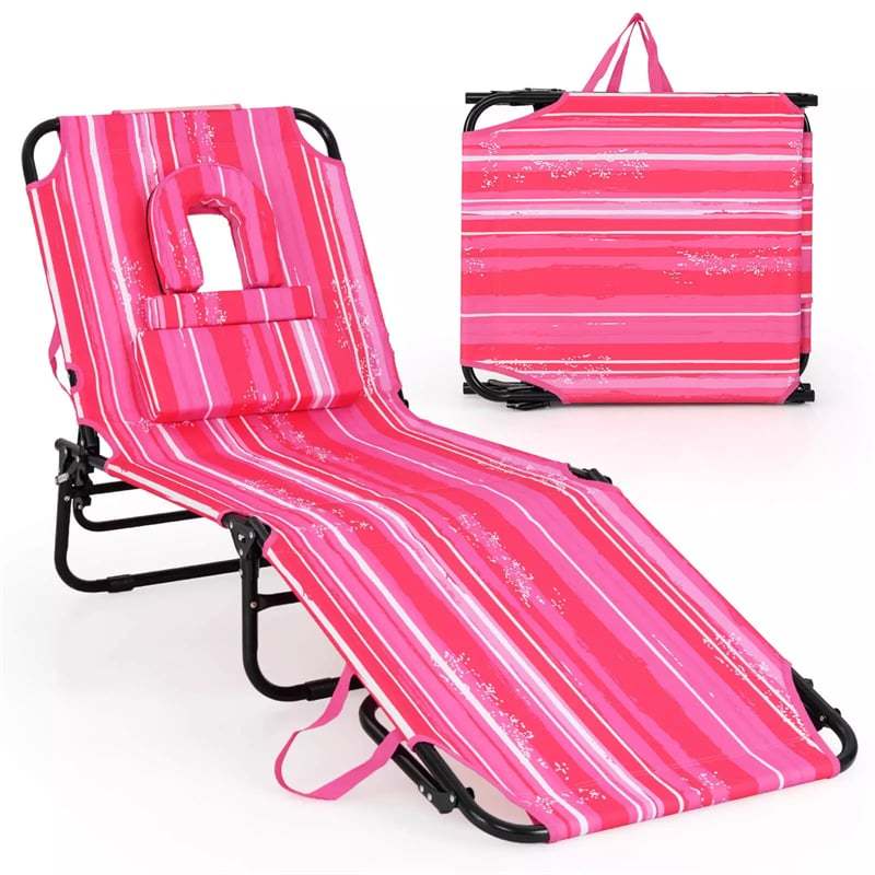 Folding Beach Chaise Lounge Chair, 5-Position Adjustable Sunbathing Recliner with Face Hole, Removable Pillows, Carry Strap, 350LB Support