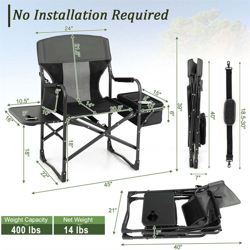 Folding Camping Chair Heavy-Duty Directors Chair Portable Outdoor Chair with Cooler Bag & Side Table
