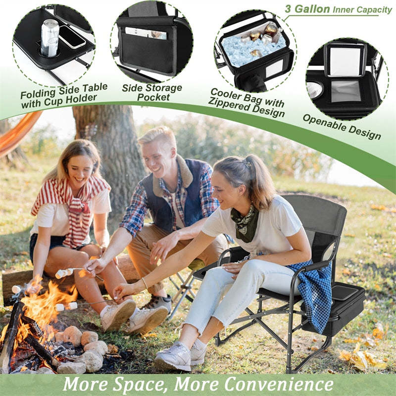 Folding Camping Chair Heavy-Duty Directors Chair Portable Outdoor Chair with Cooler Bag & Side Table