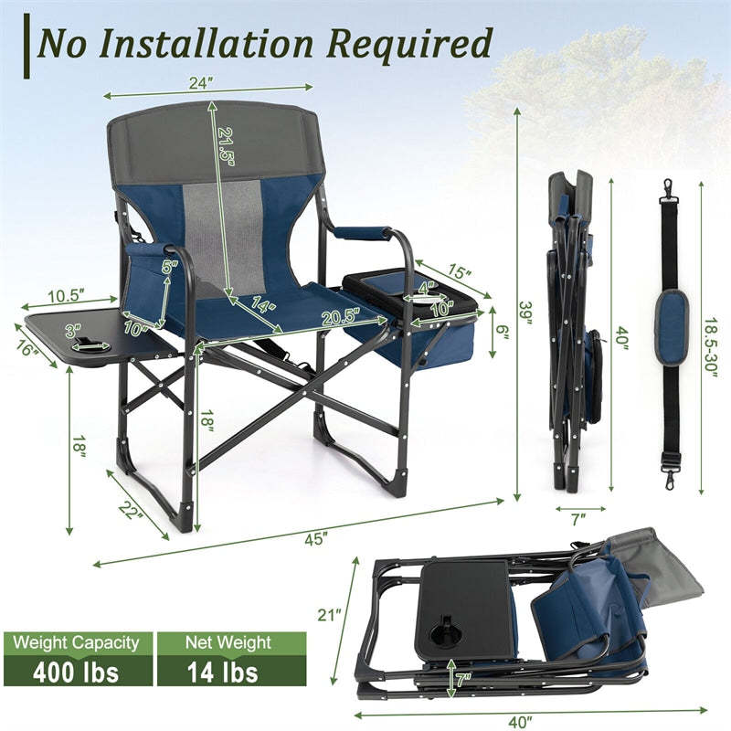 Folding Camping Chair Heavy-Duty Directors Chair Portable Outdoor Chair with Cooler Bag & Side Table