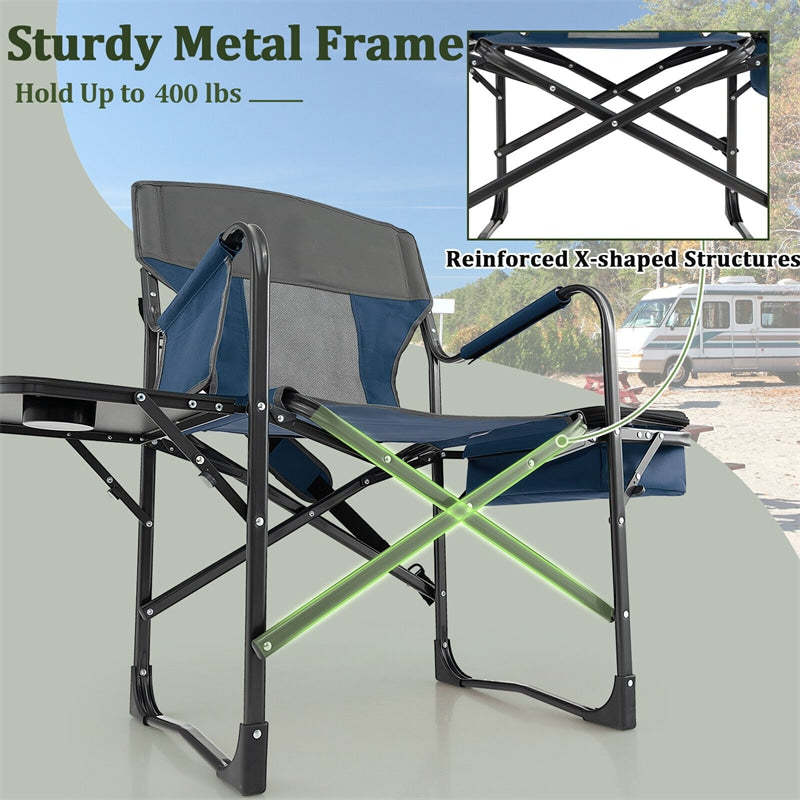 Folding Camping Chair Heavy-Duty Directors Chair Portable Outdoor Chair with Cooler Bag & Side Table