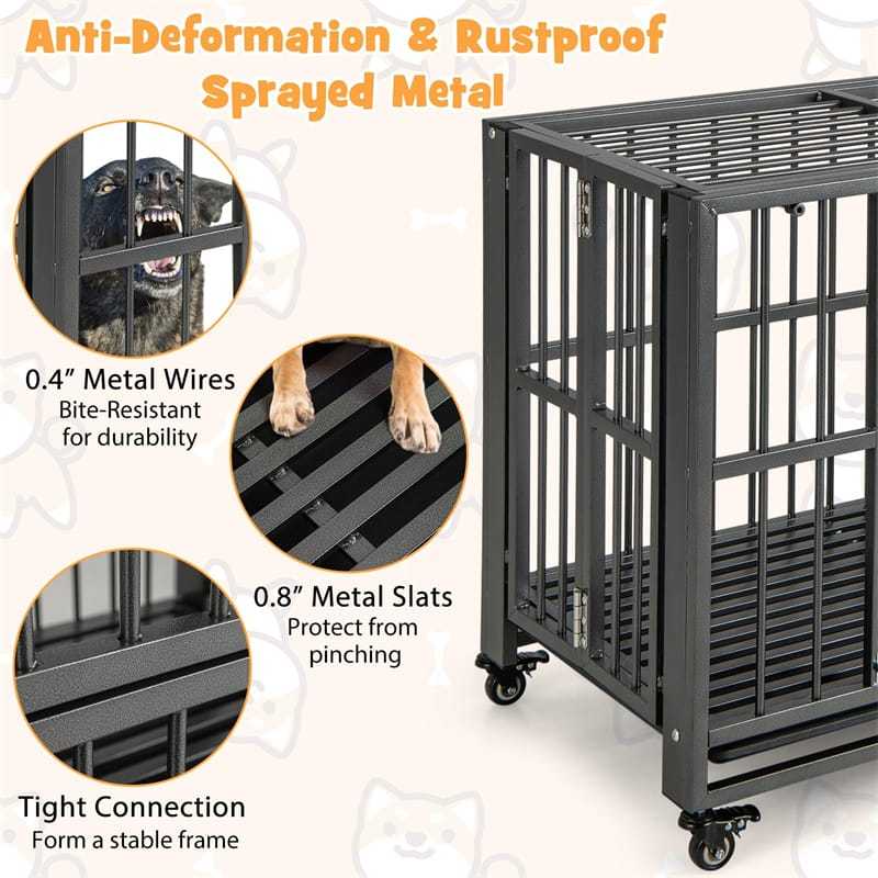 Folding Metal Dog Crate, 3-Door Heavy Duty Dog Kennel with Removable Crate Tray & 4 Lockable Wheels, Indestructible Dog Crate for Indoor/Outdoor Use