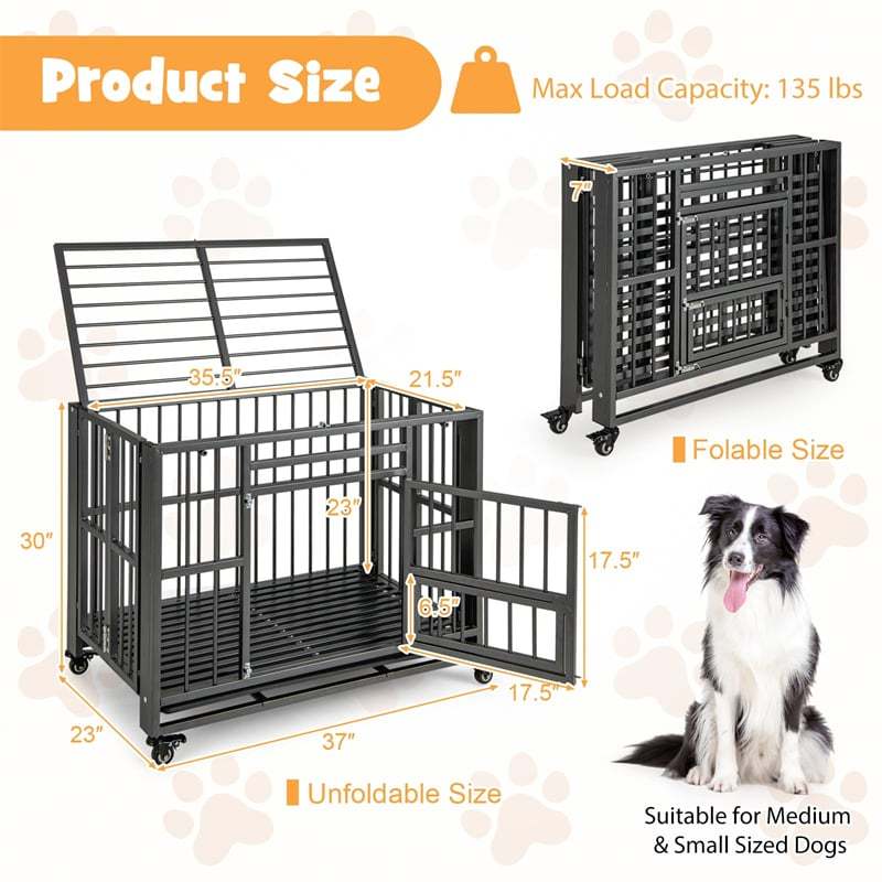 Folding Metal Dog Crate, 3-Door Heavy Duty Dog Kennel with Removable Crate Tray & 4 Lockable Wheels, Indestructible Dog Crate for Indoor/Outdoor Use