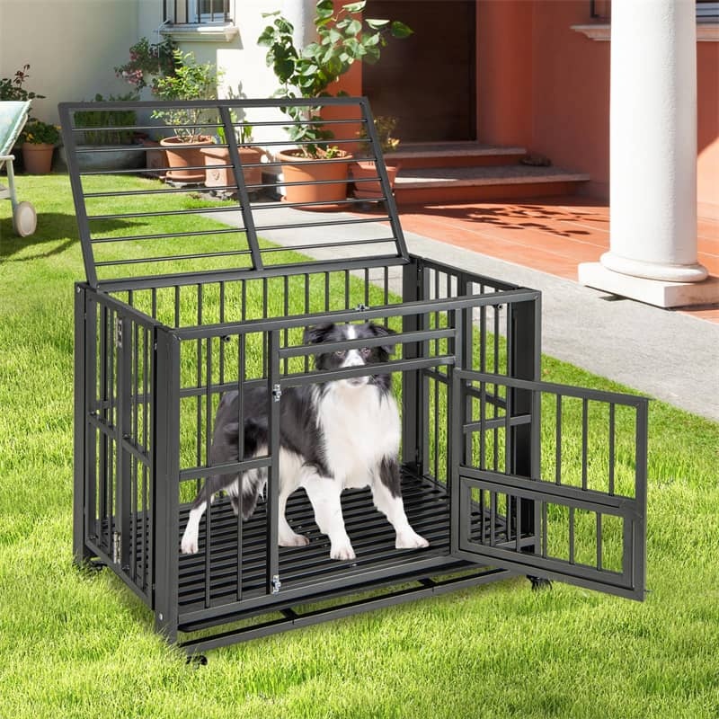 Folding Metal Dog Crate, 3-Door Heavy Duty Dog Kennel with Removable Crate Tray & 4 Lockable Wheels, Indestructible Dog Crate for Indoor/Outdoor Use