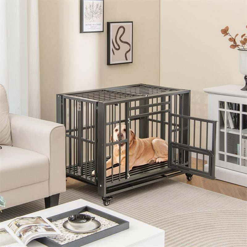 Folding Metal Dog Crate, 3-Door Heavy Duty Dog Kennel with Removable Crate Tray & 4 Lockable Wheels, Indestructible Dog Crate for Indoor/Outdoor Use