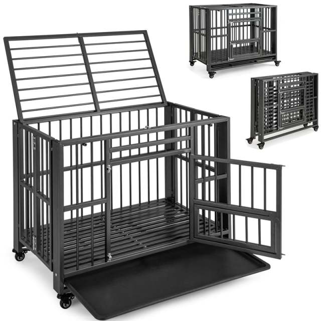 Folding Metal Dog Crate, 3-Door Heavy Duty Dog Kennel with Removable Crate Tray & 4 Lockable Wheels, Indestructible Dog Crate for Indoor/Outdoor Use