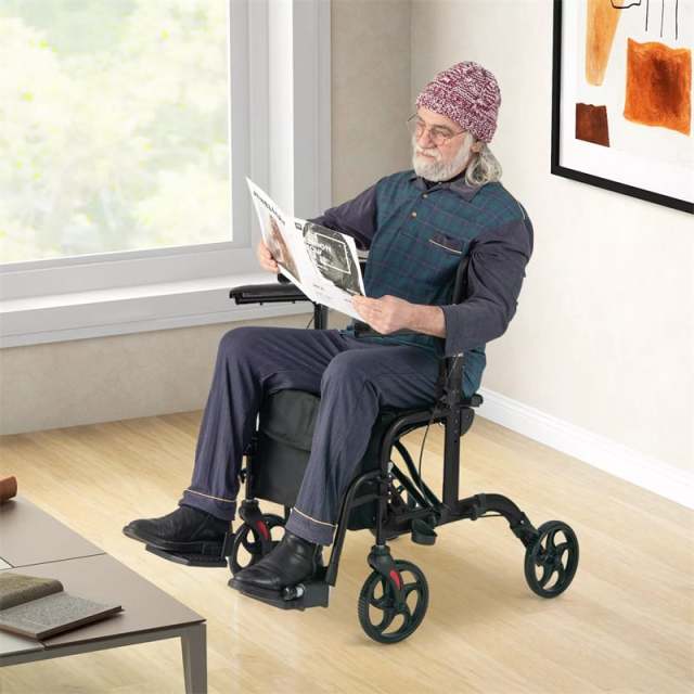 2-in-1 Folding Rollator Walker Wheelchair Combo with Backrest & Adjustable Height, 300lbs Aluminum Mobility Walking Aid for Seniors/Adults