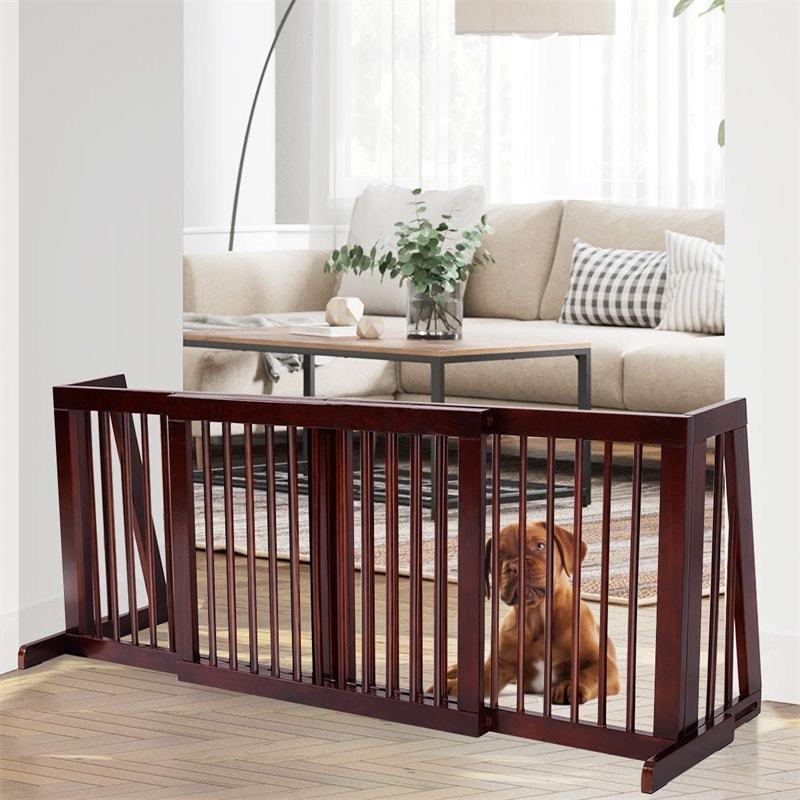 Expandable Wood Dog Gate 28"- 80" Adjustable Freestanding Pet Gate for Dogs, Indoor Safety Fence Step Over Pet Gate for House Doorway Stairs
