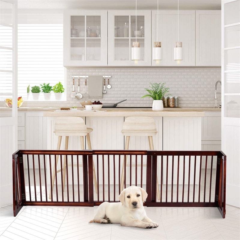 Expandable Wood Dog Gate 28"- 80" Adjustable Freestanding Pet Gate for Dogs, Indoor Safety Fence Step Over Pet Gate for House Doorway Stairs