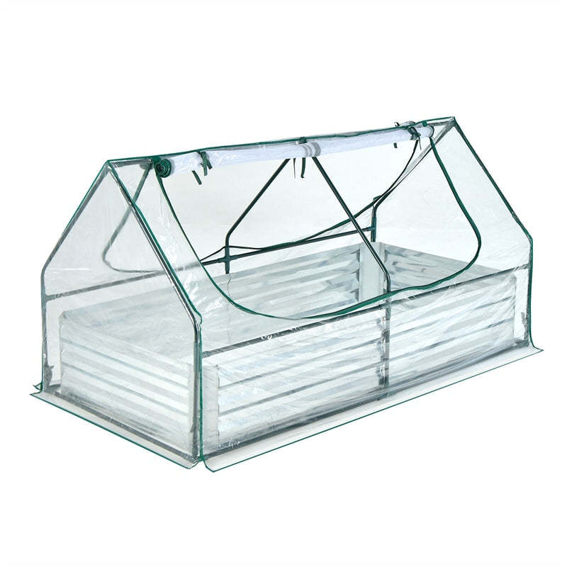 Galvanized Steel Raised Garden Bed with Greenhouse, PVC Cover & 2-Tier Roll-Up Windows, Bottomless Planter Box for Veggies, Flowers, Herbs