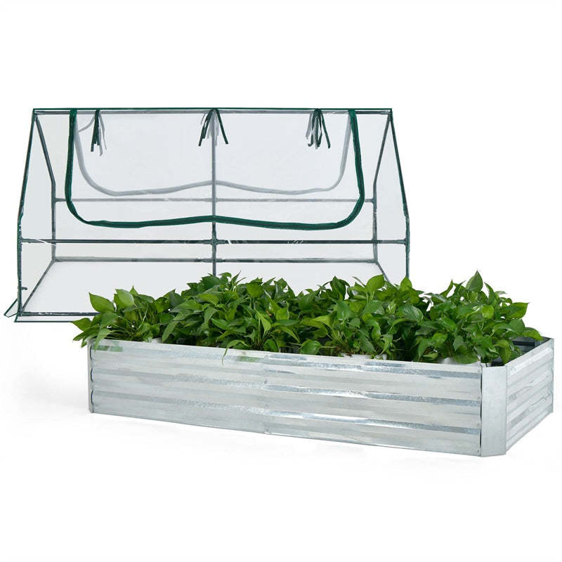 Galvanized Steel Raised Garden Bed with Greenhouse, PVC Cover & 2-Tier Roll-Up Windows, Bottomless Planter Box for Veggies, Flowers, Herbs