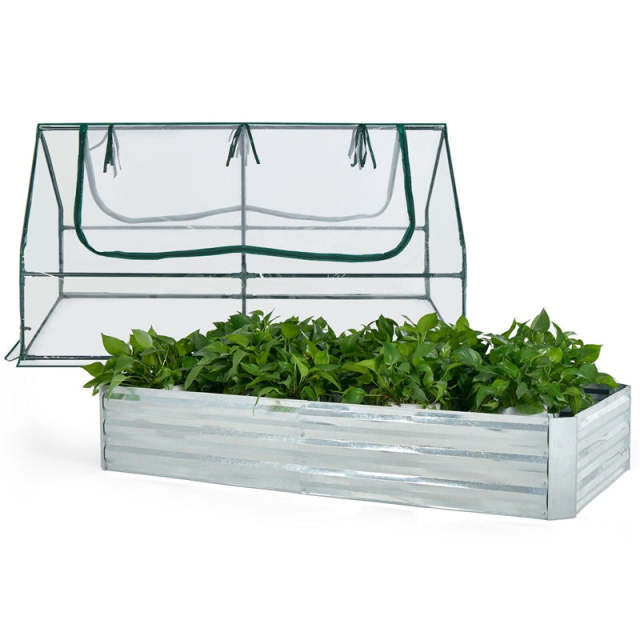 Galvanized Steel Raised Garden Bed with Greenhouse, PVC Cover & 2-Tier Roll-Up Windows, Bottomless Planter Box for Veggies, Flowers, Herbs