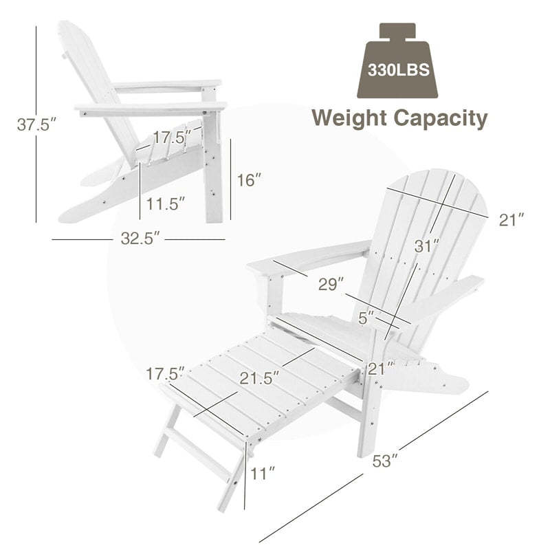Outdoor HDPE Adirondack Chair, Weather Resistant Fire Pit Chair with Retractable Ottoman & 330 LBS Capacity for Patio, Backyard, Poolside
