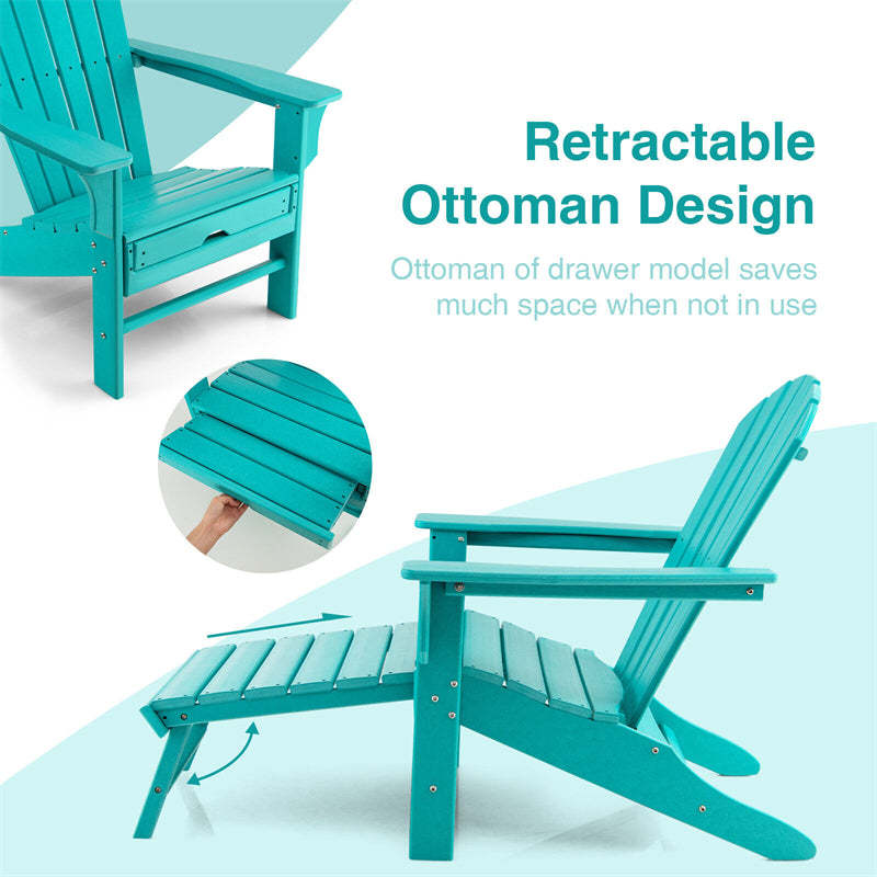 Outdoor HDPE Adirondack Chair, Weather Resistant Fire Pit Chair with Retractable Ottoman & 330 LBS Capacity for Patio, Backyard, Poolside