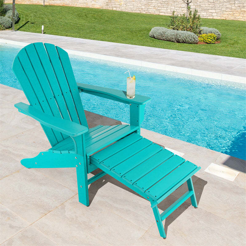 Outdoor HDPE Adirondack Chair, Weather Resistant Fire Pit Chair with Retractable Ottoman & 330 LBS Capacity for Patio, Backyard, Poolside