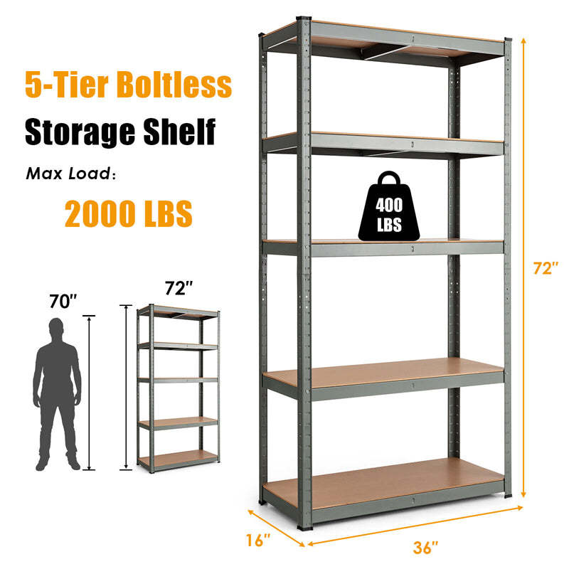 5-Tier Metal Storage Shelves, Heavy Duty Steel Shelving Unit, Adjustable Garage Tool Organizer Rack, Bolt-Free Assembly, 2000 lbs Capacity
