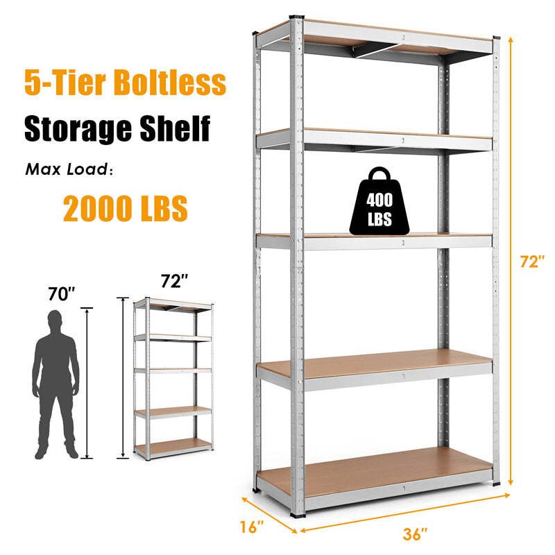 5-Tier Metal Storage Shelves, Heavy Duty Steel Shelving Unit, Adjustable Garage Tool Organizer Rack, Bolt-Free Assembly, 2000 lbs Capacity