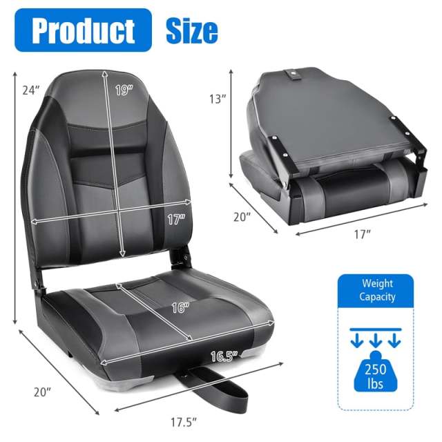 2-Pack High Back Boat Seats, Folding Fishing Boat Seats with Sponge Padding, Stainless Steel Screws & Hinges, Waterproof Boat Captain Chairs