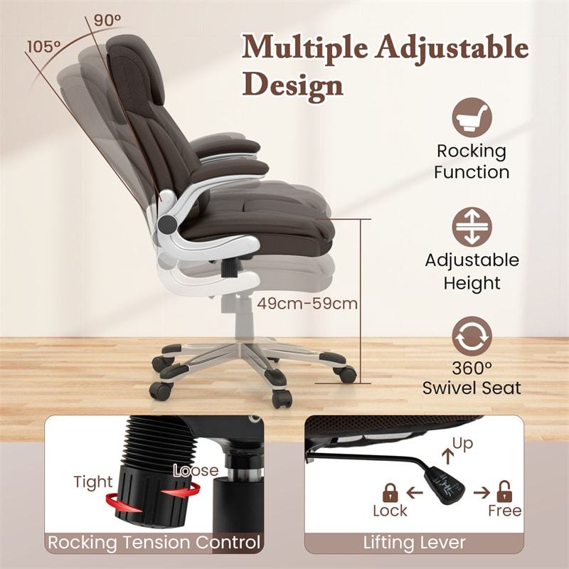 Ergonomic Executive Office Chair High Back PU Leather Desk Chair Swivel Computer Task Chair with Rocking Function & Flip-up Armrests