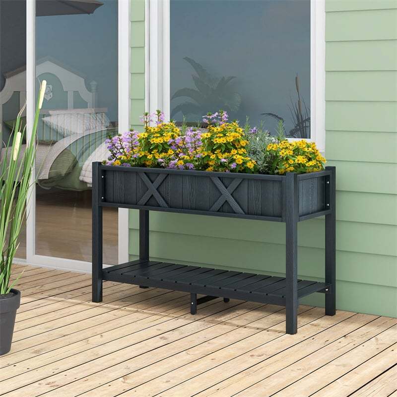 44" HIPS Raised Garden Bed with Legs, Storage Shelf & Drainage Holes, Weatherproof Elevated Planter Box for Backyard, Balcony, Flowers, Herbs
