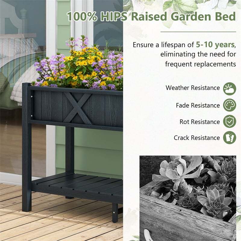 44" HIPS Raised Garden Bed with Legs, Storage Shelf & Drainage Holes, Weatherproof Elevated Planter Box for Backyard, Balcony, Flowers, Herbs