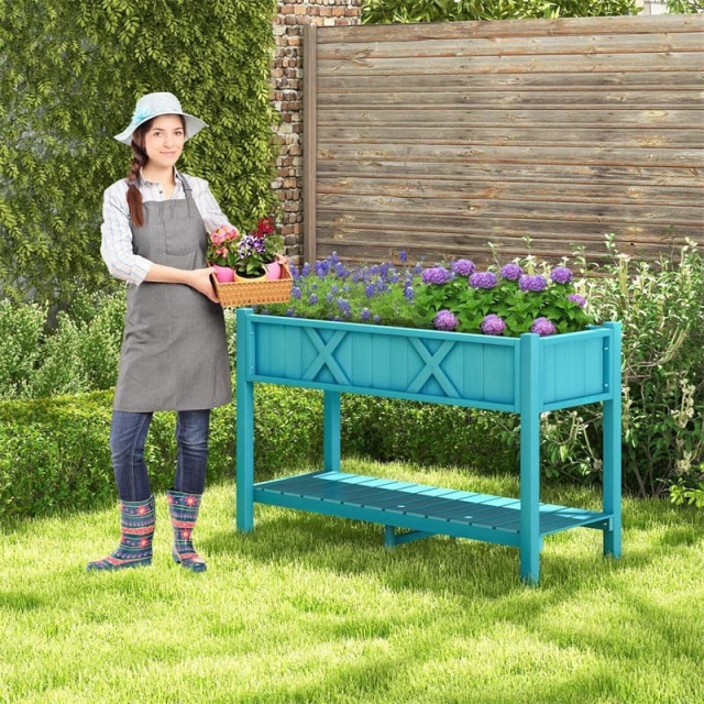 44" HIPS Raised Garden Bed with Legs, Storage Shelf & Drainage Holes, Weatherproof Elevated Planter Box for Backyard, Balcony, Flowers, Herbs