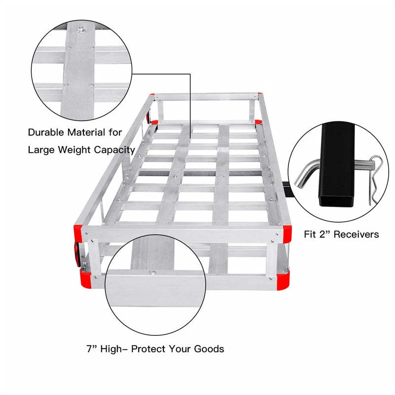 Hitch Cargo Carrier Aluminum Trailer Hitch Mount Cargo Basket Fits 2" Receiver, 500LBS Capacity Heavy Duty Vehicle Rear Luggag Rack for SUV Truck Car