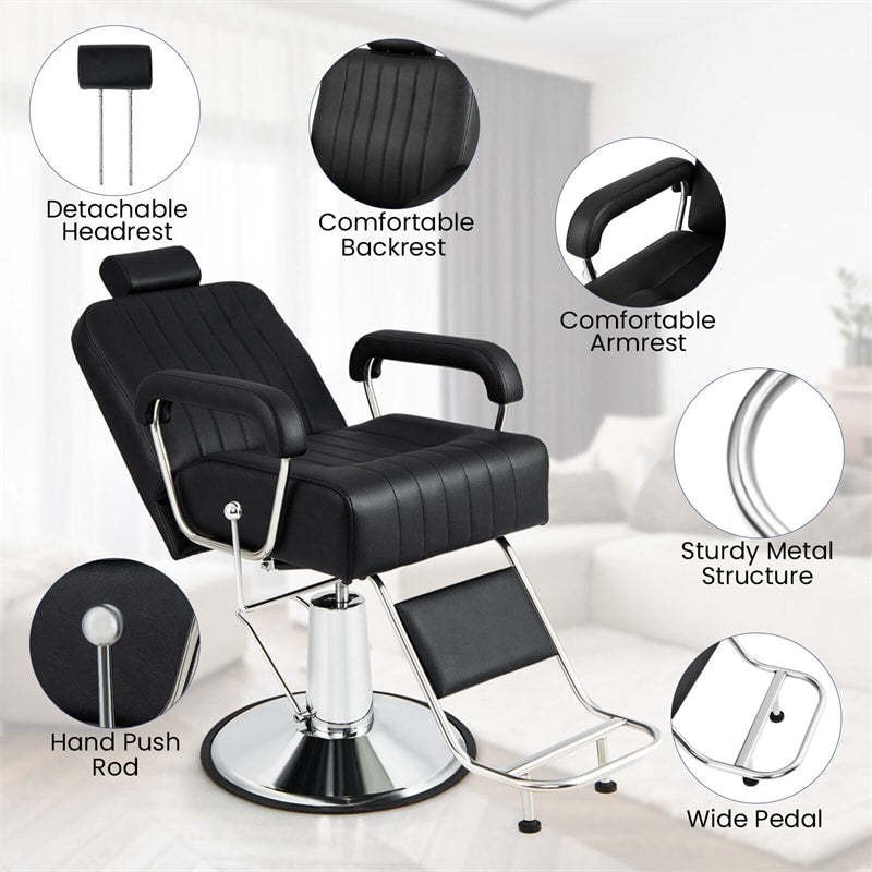 Heavy-Duty Hydraulic Barber Chair, Reclining Salon Chair with Adjustable Backrest & Headrest, 360° Swivel, 330LB Capacity for Beauty Salon/Tattoo Shop