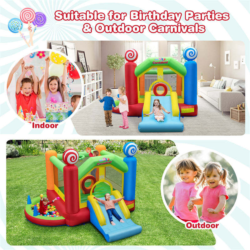 Candy Land Theme Inflatable Bounce House Kids Giant Jumping Bouncy Castle with Slide & 735w Air Blower