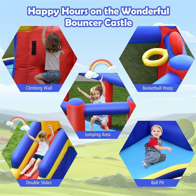 Inflatable Bounce House Kids Jumping Castle Bouncy House with Double Slides & Climbing Wall for Toddlers Backyard Birthday Gifts