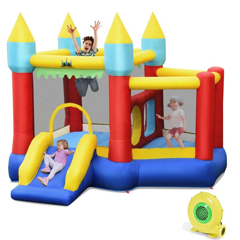 Inflatable Bounce House with Slide, Jump Area, Ball Pool, Tunnels & 480W Blower Blow-up Jumping Castle for Kids Indoor Outdoor Party Family Fun