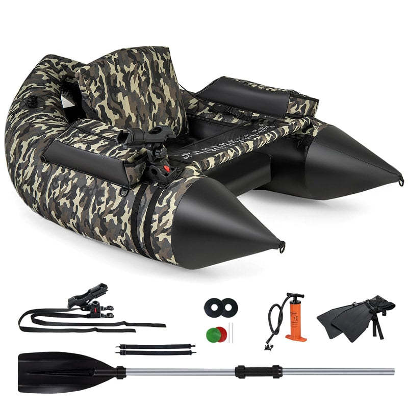 Inflatable Fishing Float Tube 350LBS Capacity Belly Boat with Flippers, Fish Ruler, Rod Holder, Pump, Storage Bag, Adjustable Backrest & Straps