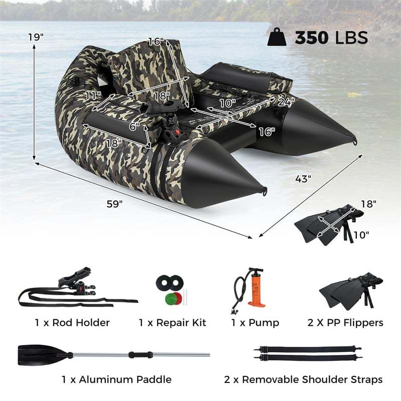 Inflatable Fishing Float Tube 350LBS Capacity Belly Boat with Flippers, Fish Ruler, Rod Holder, Pump, Storage Bag, Adjustable Backrest & Straps