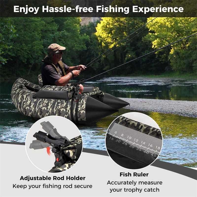 Inflatable Fishing Float Tube 350LBS Capacity Belly Boat with Flippers, Fish Ruler, Rod Holder, Pump, Storage Bag, Adjustable Backrest & Straps