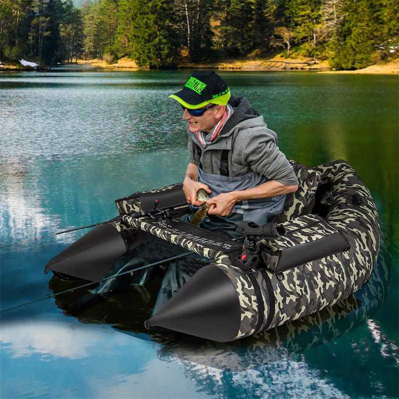 Inflatable Fishing Float Tube 350LBS Capacity Belly Boat with Flippers, Fish Ruler, Rod Holder, Pump, Storage Bag, Adjustable Backrest & Straps