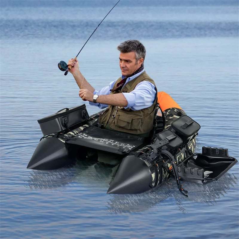 Inflatable Float Tube, Fishing Belly Boat with Fish Finder Holder, Rod Rack, Fish Ruler, Pump, 3 Detachable Storage Boxes, 350LBS Load Capacity