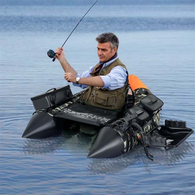 Inflatable Float Tube, Fishing Belly Boat with Fish Finder Holder, Rod Rack, Fish Ruler, Pump, 3 Detachable Storage Boxes, 350LBS Load Capacity