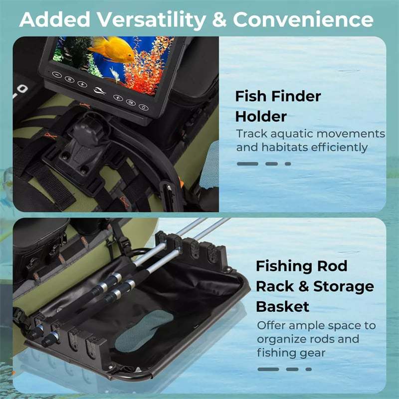 Inflatable Float Tube, Fishing Belly Boat with Fish Finder Holder, Rod Rack, Fish Ruler, Pump, 3 Detachable Storage Boxes, 350LBS Load Capacity