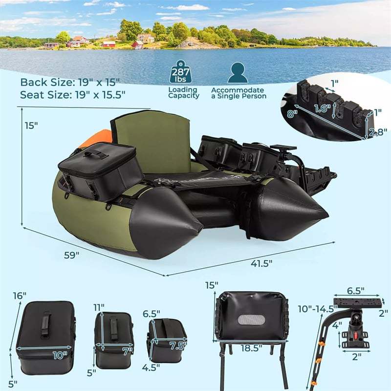 Inflatable Float Tube, Fishing Belly Boat with Fish Finder Holder, Rod Rack, Fish Ruler, Pump, 3 Detachable Storage Boxes, 350LBS Load Capacity