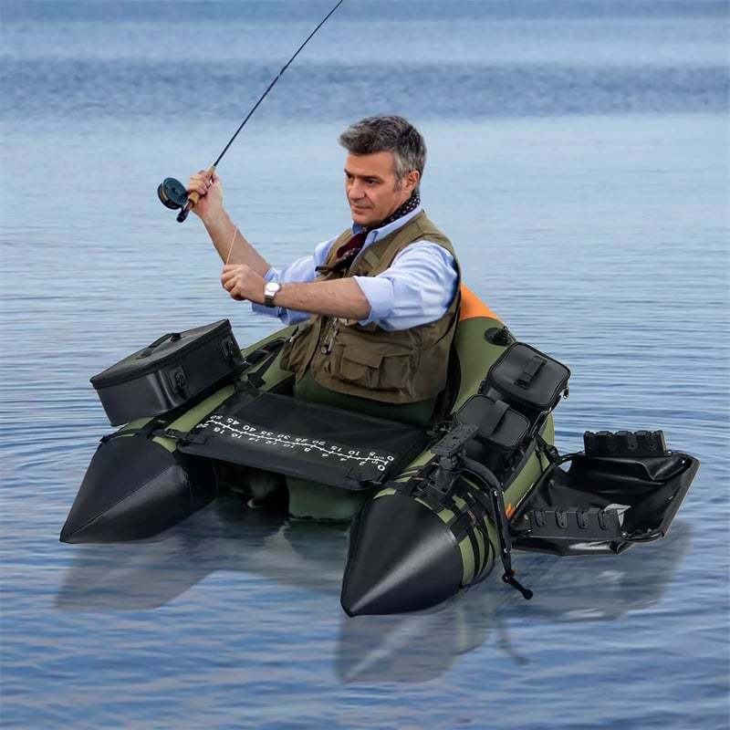 Inflatable Float Tube, Fishing Belly Boat with Fish Finder Holder, Rod Rack, Fish Ruler, Pump, 3 Detachable Storage Boxes, 350LBS Load Capacity